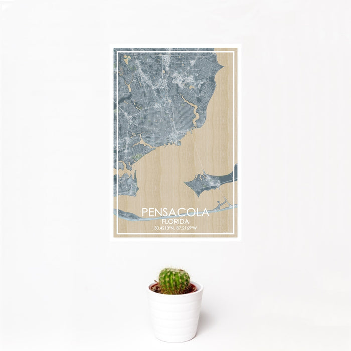 12x18 Pensacola Florida Map Print Portrait Orientation in Afternoon Style With Small Cactus Plant in White Planter