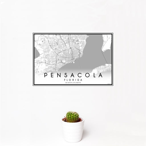 12x18 Pensacola Florida Map Print Landscape Orientation in Classic Style With Small Cactus Plant in White Planter