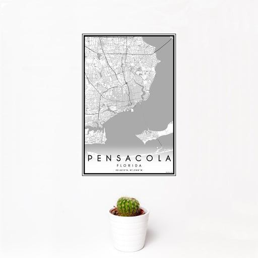 12x18 Pensacola Florida Map Print Portrait Orientation in Classic Style With Small Cactus Plant in White Planter