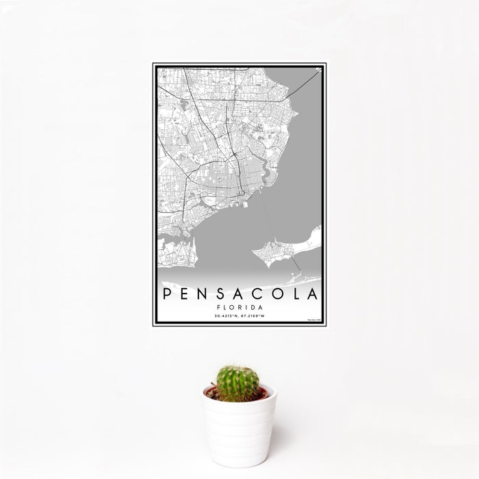 12x18 Pensacola Florida Map Print Portrait Orientation in Classic Style With Small Cactus Plant in White Planter