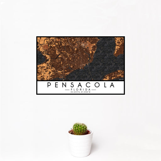12x18 Pensacola Florida Map Print Landscape Orientation in Ember Style With Small Cactus Plant in White Planter