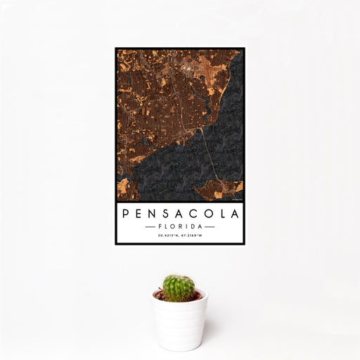 12x18 Pensacola Florida Map Print Portrait Orientation in Ember Style With Small Cactus Plant in White Planter