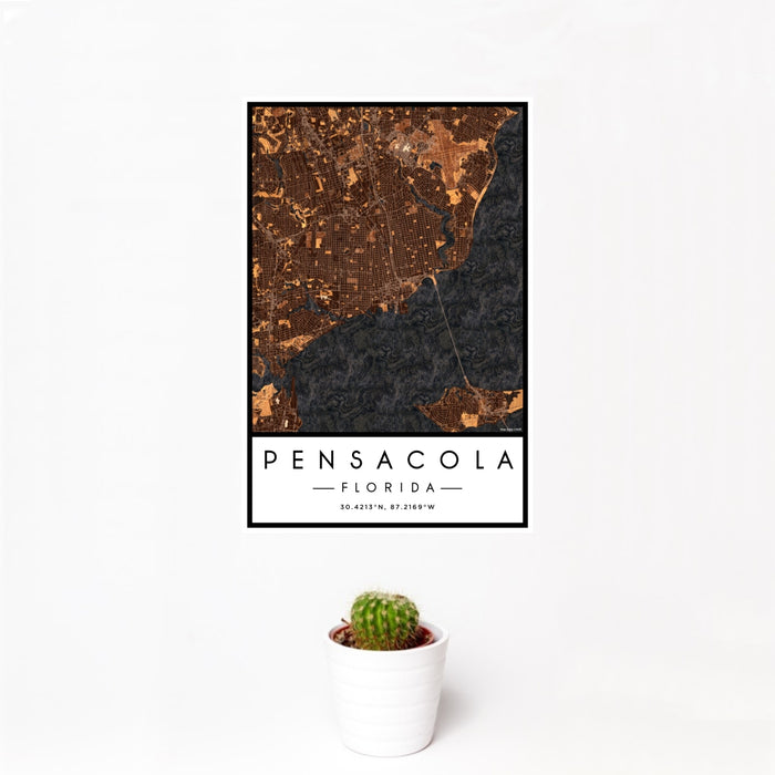 12x18 Pensacola Florida Map Print Portrait Orientation in Ember Style With Small Cactus Plant in White Planter