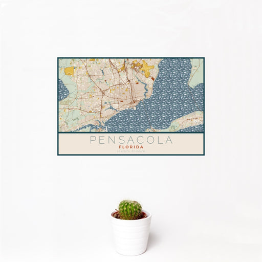 12x18 Pensacola Florida Map Print Landscape Orientation in Woodblock Style With Small Cactus Plant in White Planter