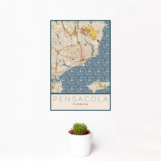 12x18 Pensacola Florida Map Print Portrait Orientation in Woodblock Style With Small Cactus Plant in White Planter