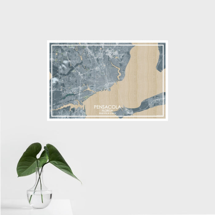 16x24 Pensacola Florida Map Print Landscape Orientation in Afternoon Style With Tropical Plant Leaves in Water