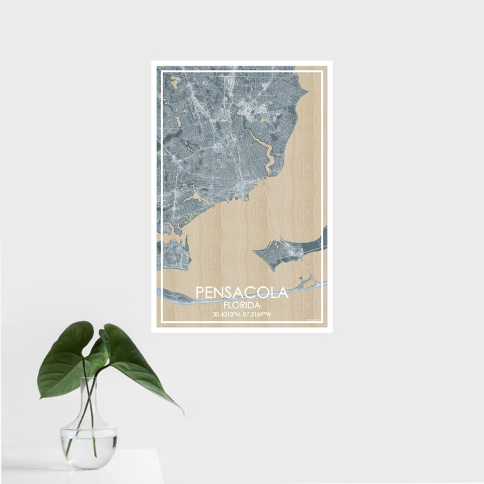 16x24 Pensacola Florida Map Print Portrait Orientation in Afternoon Style With Tropical Plant Leaves in Water