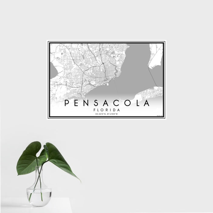 16x24 Pensacola Florida Map Print Landscape Orientation in Classic Style With Tropical Plant Leaves in Water
