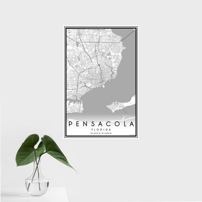 16x24 Pensacola Florida Map Print Portrait Orientation in Classic Style With Tropical Plant Leaves in Water