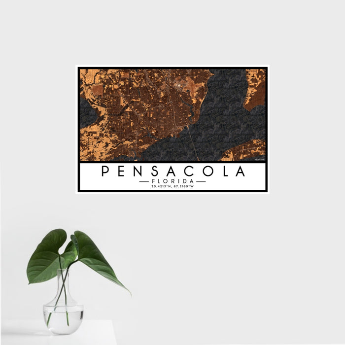 16x24 Pensacola Florida Map Print Landscape Orientation in Ember Style With Tropical Plant Leaves in Water