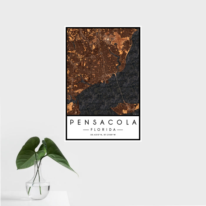 16x24 Pensacola Florida Map Print Portrait Orientation in Ember Style With Tropical Plant Leaves in Water