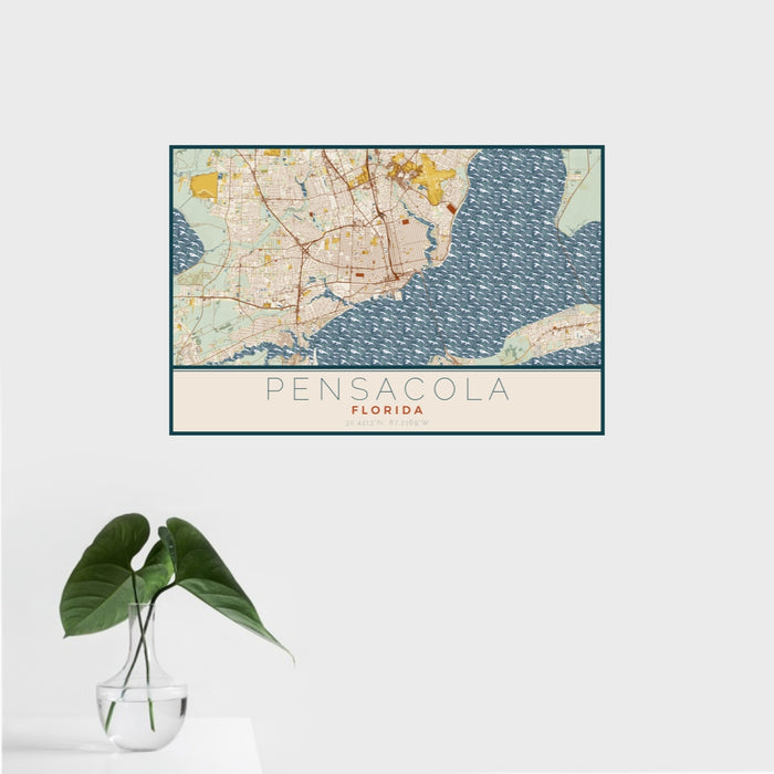 16x24 Pensacola Florida Map Print Landscape Orientation in Woodblock Style With Tropical Plant Leaves in Water