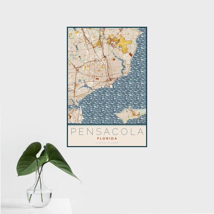 16x24 Pensacola Florida Map Print Portrait Orientation in Woodblock Style With Tropical Plant Leaves in Water