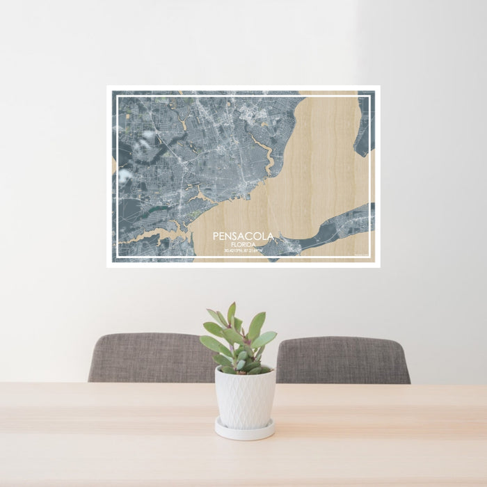 24x36 Pensacola Florida Map Print Lanscape Orientation in Afternoon Style Behind 2 Chairs Table and Potted Plant