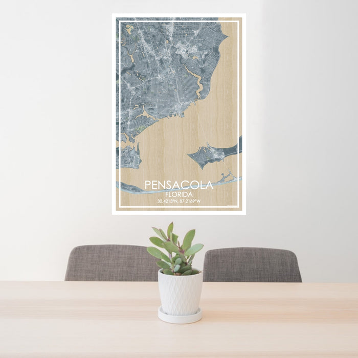 24x36 Pensacola Florida Map Print Portrait Orientation in Afternoon Style Behind 2 Chairs Table and Potted Plant
