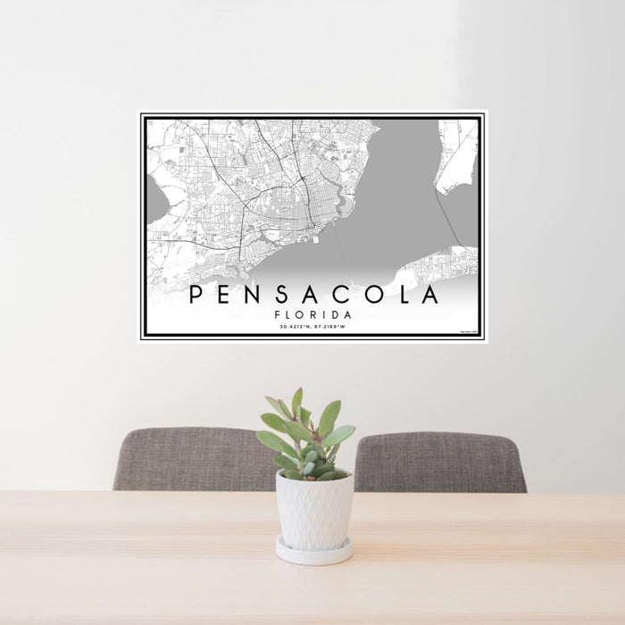 24x36 Pensacola Florida Map Print Lanscape Orientation in Classic Style Behind 2 Chairs Table and Potted Plant