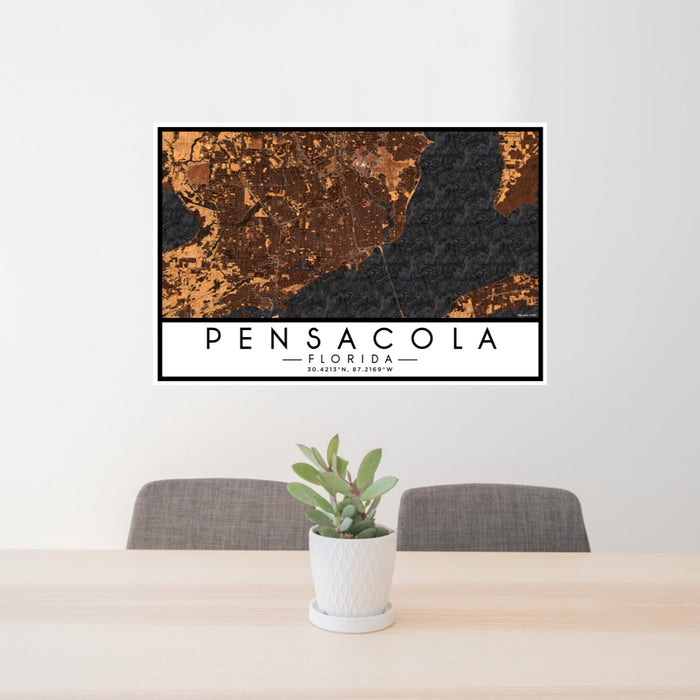 24x36 Pensacola Florida Map Print Lanscape Orientation in Ember Style Behind 2 Chairs Table and Potted Plant