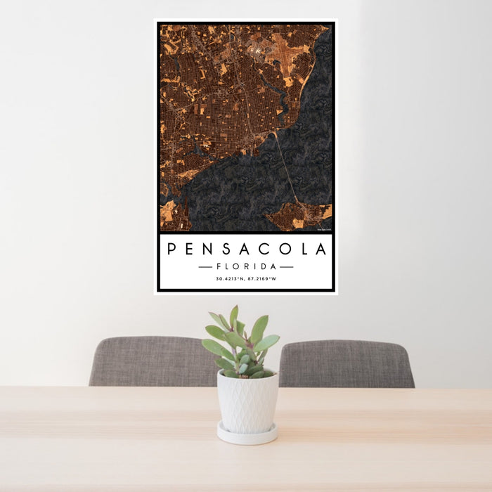 24x36 Pensacola Florida Map Print Portrait Orientation in Ember Style Behind 2 Chairs Table and Potted Plant