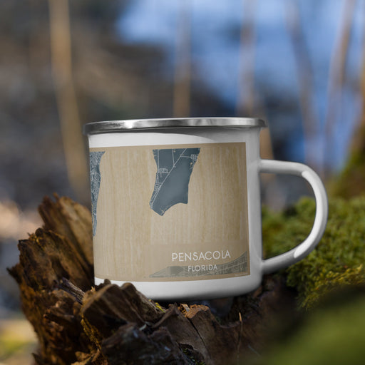 Right View Custom Pensacola Florida Map Enamel Mug in Afternoon on Grass With Trees in Background