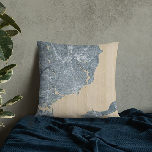 Custom Pensacola Florida Map Throw Pillow in Afternoon on Bedding Against Wall