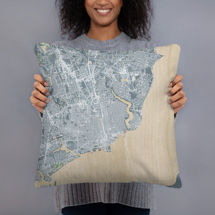 Person holding 18x18 Custom Pensacola Florida Map Throw Pillow in Afternoon