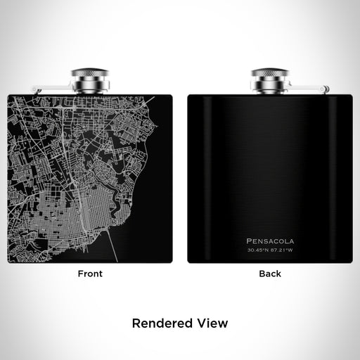 Rendered View of Pensacola Florida Map Engraving on 6oz Stainless Steel Flask in Black