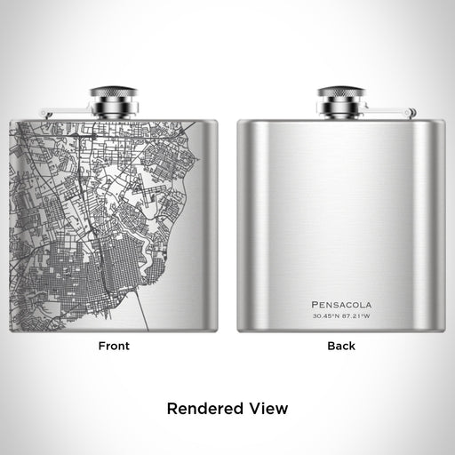 Rendered View of Pensacola Florida Map Engraving on 6oz Stainless Steel Flask