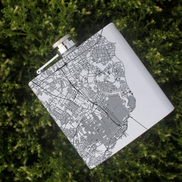 Pensacola Florida Custom Engraved City Map Inscription Coordinates on 6oz Stainless Steel Flask in White