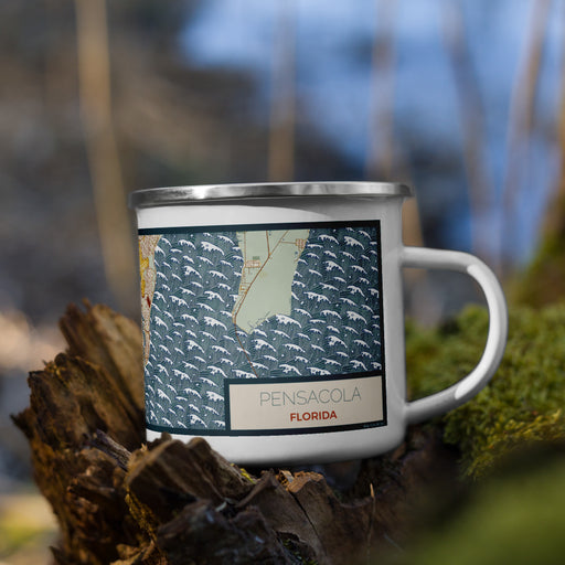 Right View Custom Pensacola Florida Map Enamel Mug in Woodblock on Grass With Trees in Background