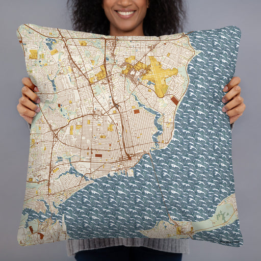 Person holding 22x22 Custom Pensacola Florida Map Throw Pillow in Woodblock