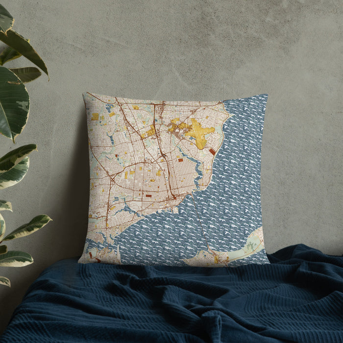 Custom Pensacola Florida Map Throw Pillow in Woodblock on Bedding Against Wall