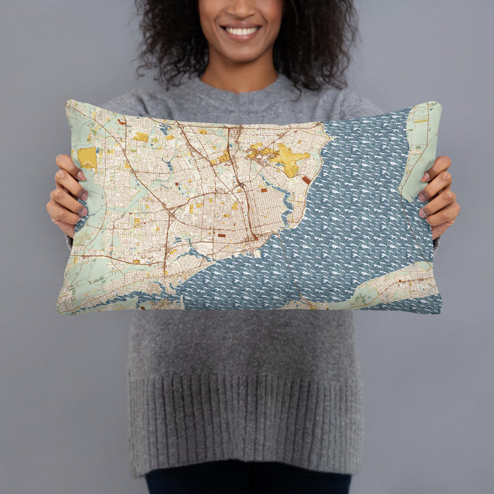 Person holding 20x12 Custom Pensacola Florida Map Throw Pillow in Woodblock