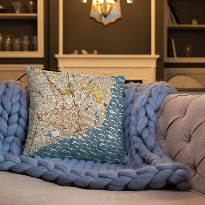 Custom Pensacola Florida Map Throw Pillow in Woodblock on Cream Colored Couch