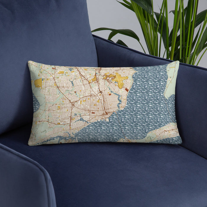 Custom Pensacola Florida Map Throw Pillow in Woodblock on Blue Colored Chair