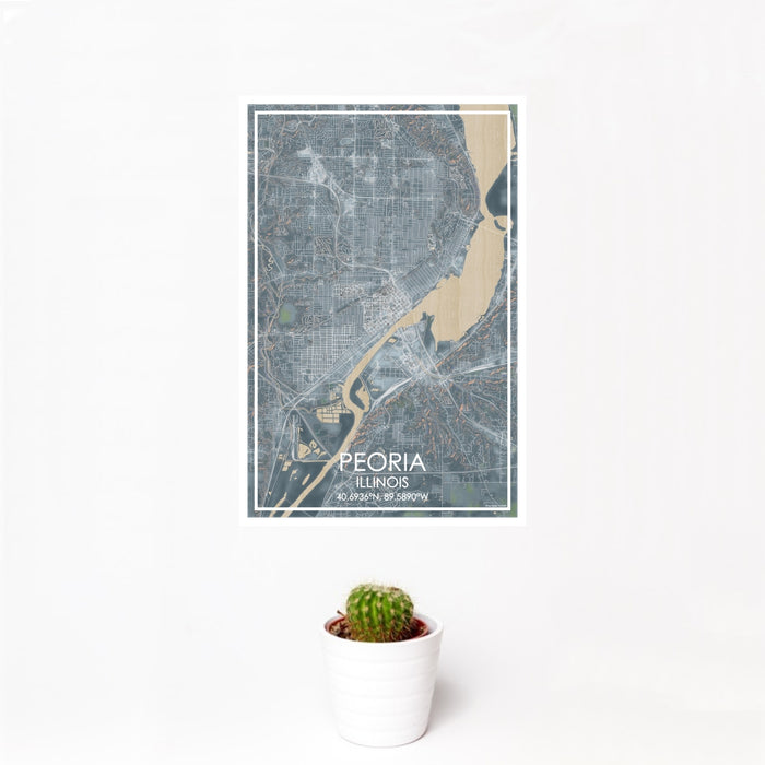 12x18 Peoria Illinois Map Print Portrait Orientation in Afternoon Style With Small Cactus Plant in White Planter
