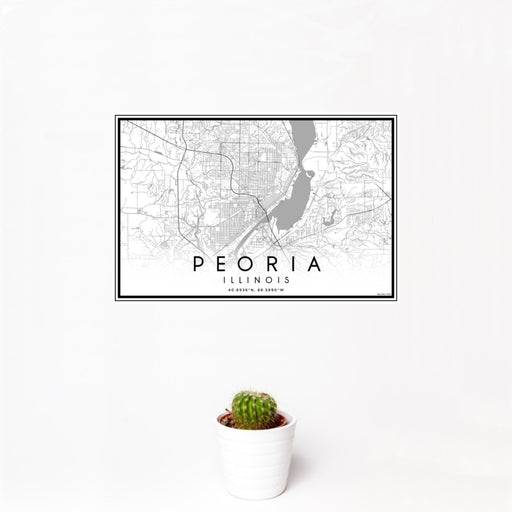 12x18 Peoria Illinois Map Print Landscape Orientation in Classic Style With Small Cactus Plant in White Planter