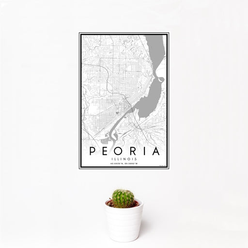 12x18 Peoria Illinois Map Print Portrait Orientation in Classic Style With Small Cactus Plant in White Planter