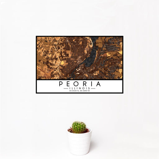12x18 Peoria Illinois Map Print Landscape Orientation in Ember Style With Small Cactus Plant in White Planter