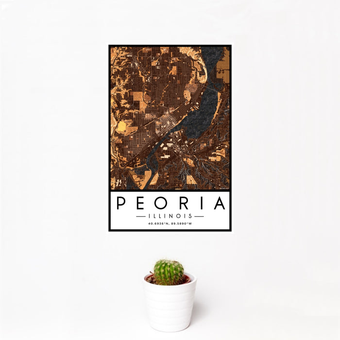 12x18 Peoria Illinois Map Print Portrait Orientation in Ember Style With Small Cactus Plant in White Planter
