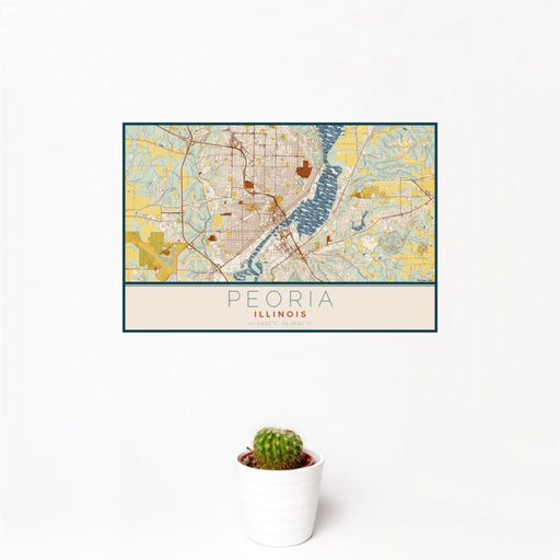 12x18 Peoria Illinois Map Print Landscape Orientation in Woodblock Style With Small Cactus Plant in White Planter