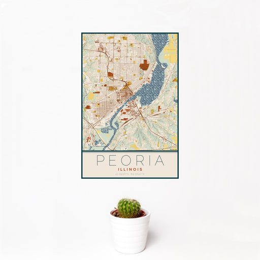 12x18 Peoria Illinois Map Print Portrait Orientation in Woodblock Style With Small Cactus Plant in White Planter