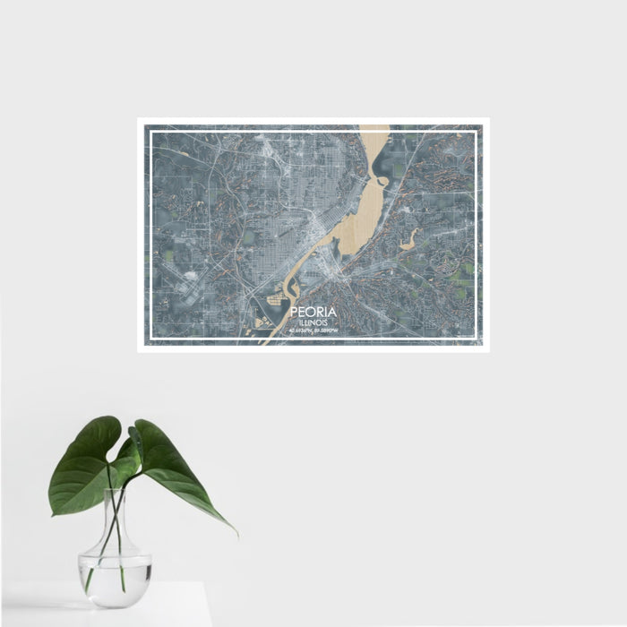 16x24 Peoria Illinois Map Print Landscape Orientation in Afternoon Style With Tropical Plant Leaves in Water