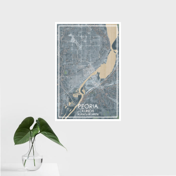 16x24 Peoria Illinois Map Print Portrait Orientation in Afternoon Style With Tropical Plant Leaves in Water