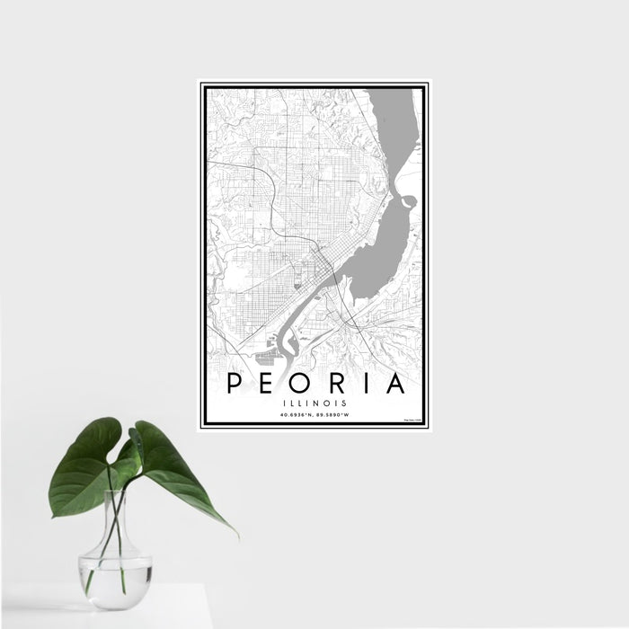 16x24 Peoria Illinois Map Print Portrait Orientation in Classic Style With Tropical Plant Leaves in Water