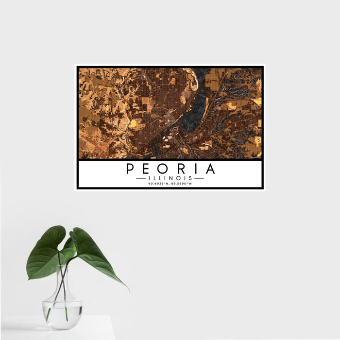 16x24 Peoria Illinois Map Print Landscape Orientation in Ember Style With Tropical Plant Leaves in Water
