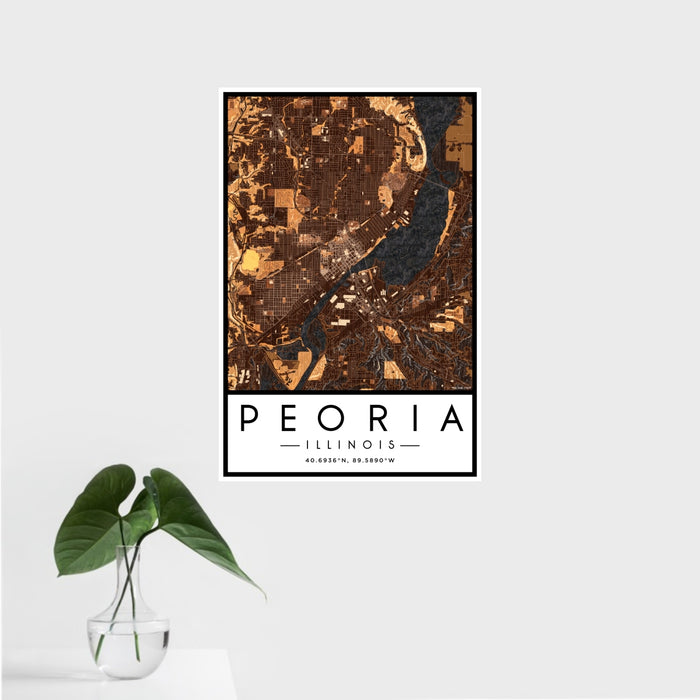16x24 Peoria Illinois Map Print Portrait Orientation in Ember Style With Tropical Plant Leaves in Water