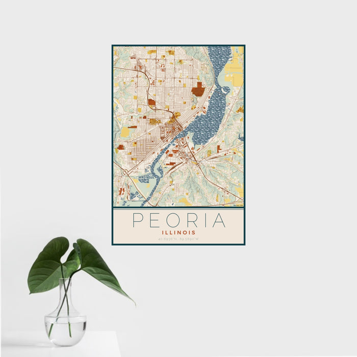 16x24 Peoria Illinois Map Print Portrait Orientation in Woodblock Style With Tropical Plant Leaves in Water