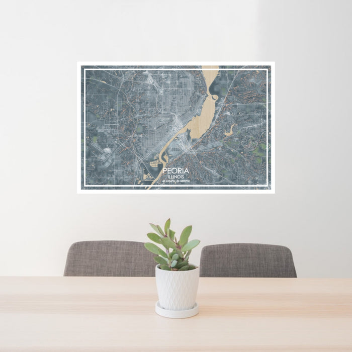 24x36 Peoria Illinois Map Print Lanscape Orientation in Afternoon Style Behind 2 Chairs Table and Potted Plant