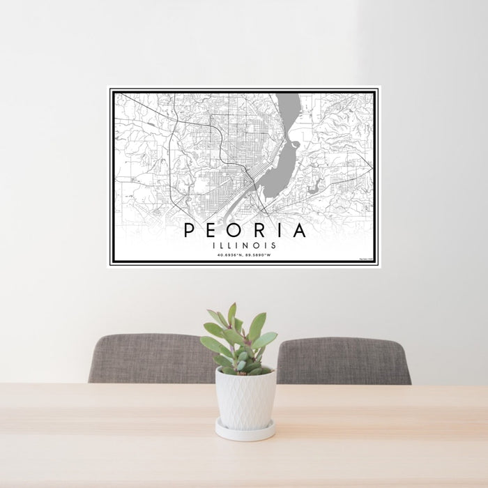 24x36 Peoria Illinois Map Print Lanscape Orientation in Classic Style Behind 2 Chairs Table and Potted Plant