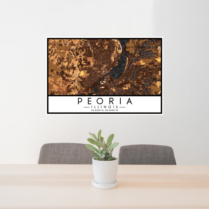 24x36 Peoria Illinois Map Print Lanscape Orientation in Ember Style Behind 2 Chairs Table and Potted Plant